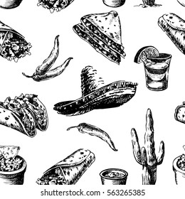 Mexican food hand drawn seamless pattern on white background. Doodle of healthy nutrient food. Engraving sketch etch line. Food texture. Vector illustration.