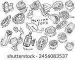 Mexican food hand drawn set. Guacamole, chiltomate, quesadillas, chile ennogada, nachos, enmoladas, burritos, tamale, tacos, fajitas, etc. Vector illustration isolated on white background. 