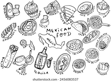 Mexican food hand drawn set. Guacamole, chiltomate, quesadillas, chile ennogada, nachos, enmoladas, burritos, tamale, tacos, fajitas, etc. Vector illustration isolated on white background. 