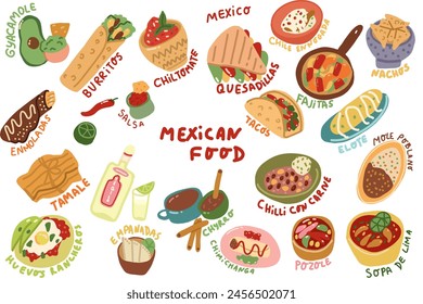 Mexican food hand drawn set. Guacamole, chiltomate, quesadillas, chile ennogada, nachos, enmoladas, burritos, tamale, tacos, fajitas, etc. Vector illustration isolated on white background.