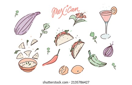 Mexican food hand drawn, sketch doodle food set. Peppers, nachos, hot peppers, eggplant, tacos, lemon and onion.