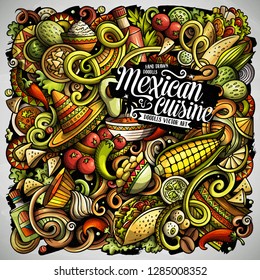 Mexican food hand drawn vector doodles illustration. Cuisine poster design. Mexica Menu elements and objects cartoon background. Bright colors funny picture. All items are separated