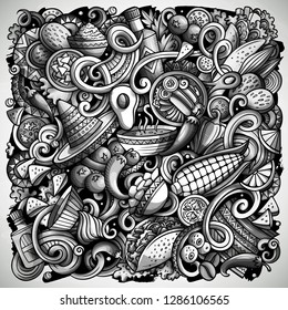 Mexican food hand drawn vector doodles illustration. Cuisine poster design. Mexica Menu elements and objects cartoon background. Monochrome funny picture. All items are separated