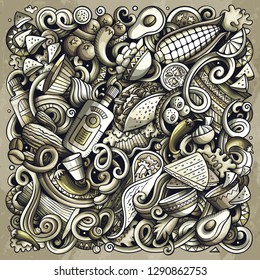 Mexican food hand drawn vector doodles illustration. Cuisine poster design. Mexica Menu elements and objects cartoon background. Monochrome funny picture. All items are separated
