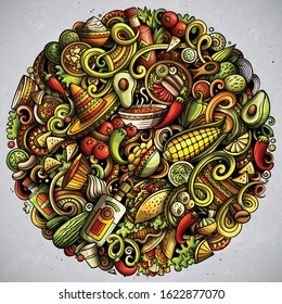 Mexican food hand drawn vector doodles illustration. Cuisine poster design. Mexico Menu elements and objects cartoon background. Bright colors funny picture. All items are separated
