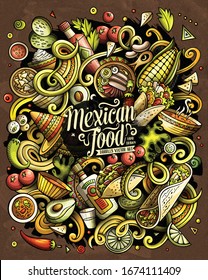 Mexican food hand drawn vector doodles illustration. Cuisine poster design. Mexico Menu elements and objects cartoon background. Bright colors funny picture. All items are separated