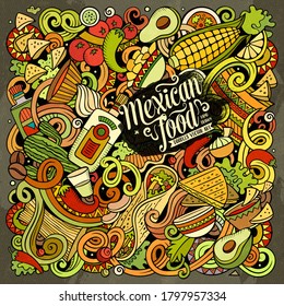 Mexican food hand drawn vector doodles illustration. Cuisine poster design. Mexica Menu elements and objects cartoon background. Bright colors funny picture. All items are separated