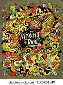 Ilustración de doodles vectoriales de comida mexicana. Diseño de afiches gastronómicos. Menú Mexica elementos y objetos de fondo de dibujos animados. Colores brillantes, imagen graciosa.