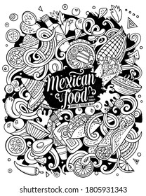 Mexican food hand drawn vector doodles illustration. Cuisine poster design. Mexica Menu elements and objects cartoon background. Sketchy funny picture.