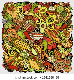 Mexican food hand drawn vector doodles illustration. Cuisine poster design. Mexica Menu elements and objects cartoon background. Bright colors funny picture. All items are separated