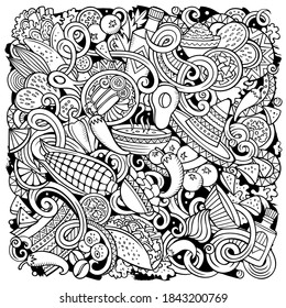 Mexican food hand drawn vector doodles illustration. Cuisine poster design. Mexica Menu elements and objects cartoon background. Sketchy funny picture. All items are separated