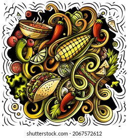 Mexican food hand drawn vector doodles illustration. Cuisine poster design. Mexica Menu elements and objects cartoon background. Bright colors funny picture. All items are separated