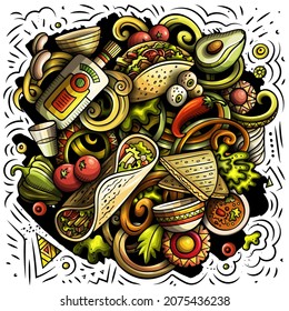 Mexican food hand drawn vector doodles illustration. Cuisine poster design. Mexica Menu elements and objects cartoon background. Bright colors funny picture. All items are separated