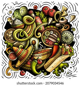 Mexican food hand drawn vector doodles illustration. Cuisine poster design. Mexica Menu elements and objects cartoon background. Bright colors funny picture. All items are separated