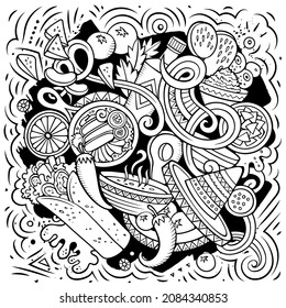 Mexican food hand drawn vector doodles illustration. Cuisine poster design. Mexica Menu elements and objects cartoon background. All items are separated