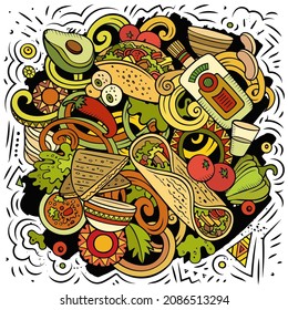 Mexican food hand drawn vector doodles illustration. Cuisine poster design. Mexica Menu elements and objects cartoon background. Bright colors funny picture. All items are separated