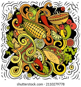 Mexican food hand drawn vector doodles illustration. Cuisine poster design. Mexica Menu elements and objects cartoon background. Bright colors funny picture. All items are separated