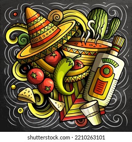 Mexican food hand drawn vector doodles illustration. Cuisine poster design. Mexica Menu elements and objects cartoon background. Chalkboard funny picture