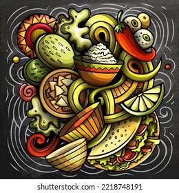 Mexican food hand drawn vector doodles illustration. Cuisine poster design. Mexica Menu elements and objects cartoon background. Chalkboard funny picture