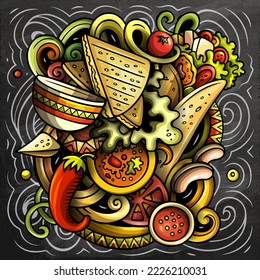 Mexican food hand drawn vector doodles illustration. Cuisine poster design. Mexica Menu elements and objects cartoon background. Chalkboard funny picture