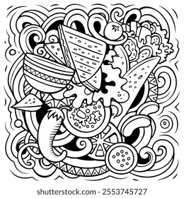 Mexican food hand drawn vector doodles illustration. Cuisine poster design. Mexica Menu elements and objects cartoon background. All items are separated