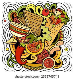 Mexican food hand drawn vector doodles illustration. Cuisine poster design. Mexica Menu elements and objects cartoon background. Bright colors funny picture. All items are separated