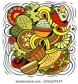 Mexican food hand drawn vector doodles illustration. Cuisine poster design. Mexica Menu elements and objects cartoon background. Bright colors funny picture. All items are separated