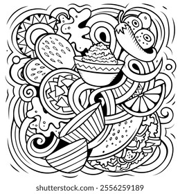 Mexican food hand drawn vector doodles illustration. Cuisine poster design. Mexica Menu elements and objects cartoon background. All items are separated