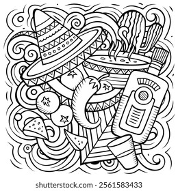 Mexican food hand drawn vector doodles illustration. Cuisine poster design. Mexica Menu elements and objects cartoon background. All items are separated