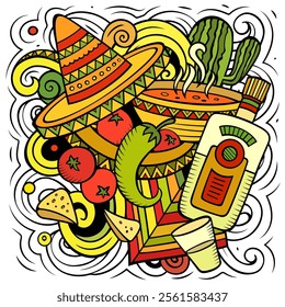 Mexican food hand drawn vector doodles illustration. Cuisine poster design. Mexica Menu elements and objects cartoon background. Bright colors funny picture. All items are separated