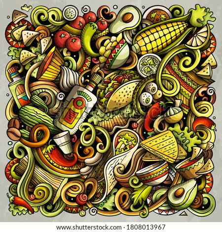 Mexican food hand drawn vector doodles illustration. Cuisine poster design. Mexica Menu elements and objects cartoon background. Bright colors funny picture. All items are separated