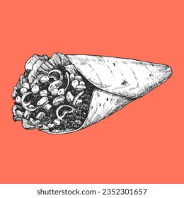Mexican Food. Hand-drawn illustration of Burrito. Ink. Vector 
