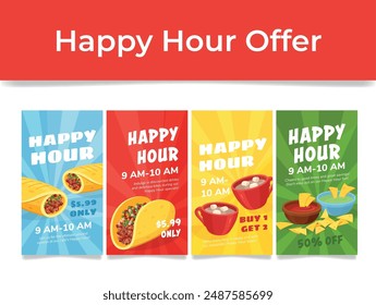 Comida mexicana happy hour de compras promo poster design set de Plantilla Ilustración vectorial isométrica. México menú de comida tradicional café restaurante oferta especial Precio de descuento Anuncio de dibujos animados