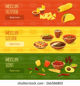 Mexican food horizontal banner set with fastfood scent cuisine elements isolated vector illustration