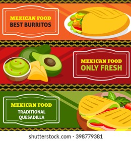 Mexican food horizontal banners set of traditional burritos and quesadilla with vegetables isolated vector illustration