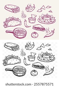 Mexican food, hot pepper, burrito, nachos, illustration set, realistic sketch, hand drawn vector