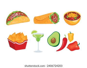 Mexican food icon set vector isolated on a white background. Nachos, taco, burrito, chilli con carne, avocado, chili pepper, margarita cocktail drink vector illustration