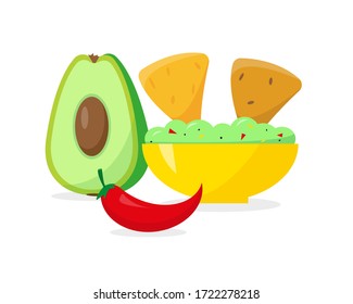 Mexican food icon vector illustration. Plate with guacamole and nachos chips, pepper and avocado on white background.