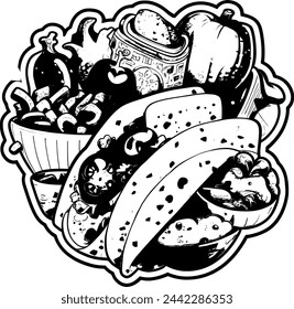 Mexican food icons. Cartoon illustrations of traditional Mexican food isolated on a white background