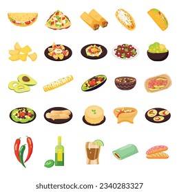 Mexican food icons set cartoon vector. Healthy tacos. Salsa taco