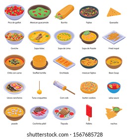 Mexican food icons set. Isometric set of mexican food vector icons for web design isolated on white background