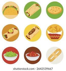 Mexican food icons set on colorful backgrounds.