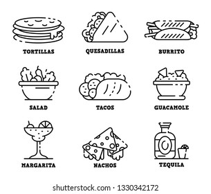 Mexican food icons set. Outline set of mexican food vector icons for web design isolated on white background