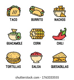 Mexican food icons set. Outline set of mexican food vector icons for web design isolated on white background