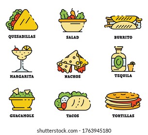 Mexican food icons set. Outline set of mexican food vector icons thin line color flat isolated on white