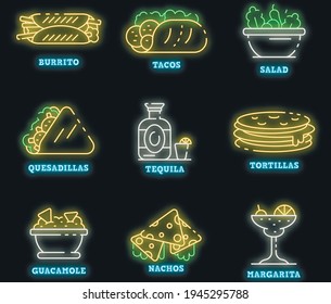 Mexican food icons set. Outline set of mexican food vector icons neon color on black