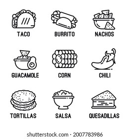 Mexican food icons set. Outline set of mexican food vector icons for web design isolated on white background