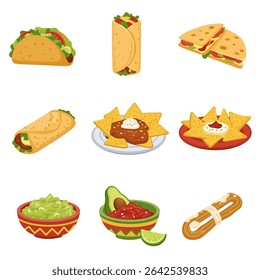 Mexican Food Icons with Taco, Burrito, and Guacamole.