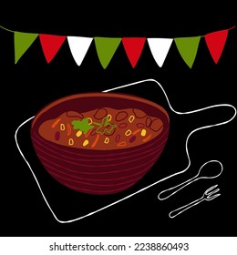 Mexican food illustration Chili Con Carne on black background 