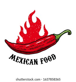 Mexican food. illustration of chili pepper in engraving style. Design element for logo, label, sign, emblem, poster. Vector illustration
